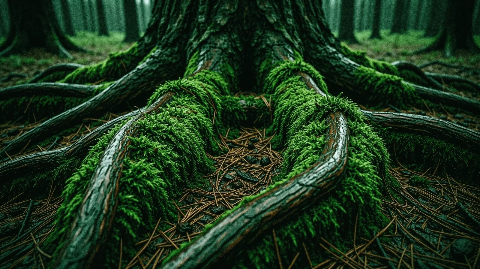 Naturalna tekstura mchu i korzeni leśnych